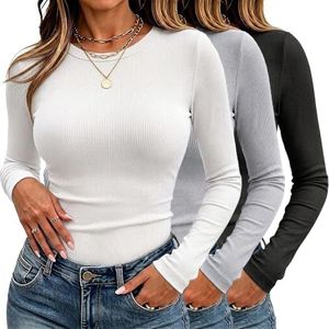 umroo 3 Pack Women's Ribbed Knit Long Sleeve Tops Crew Neck Slim Fit Shirt