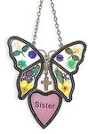 BANBERRY DESIGNS BANBERRY DESIGNS Sister Butterfly Suncatcher - Pressed Flowers Butterfly with Pink Sister Heart - Stained Glass Garden Sun Catcher- Sister Gift