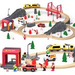 Gaint Bean 72Pcs Fire Station Wooden Train Sets, Gift Packed Toy Railway Kits for Kids, Toddler Boys and Girls 3,4,5 and Up– Premium Wood Construction Track Toys-Fits Thomas, Brio, IKEA, Melissa