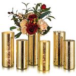 Glasseam Gold Glass Cylinder Vase: Glitter Hurricane Vase Set of 6, Modern Flower Vases for Centerpieces, Mercury Candle Holders for Pillar Candles, Decorative Vases for Flowers Decor Wedding Dining