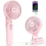 EasyAcc Portable Fan for Travel,Rechargeable Handheld Fan, 5 Speed Ultra Quiet 3-18H with Backup Power Battery Digital Display Foldable Personal Fan Lanyard Neck Fan Hot Flashes Gift Outdoor Pink