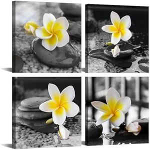 Yxbhhym-Black and White Wall Art Yellow Gray Bathroom Decorations Stone Zen Canvas Prints Spa Paintings Frangipani Flowers Pictures Meditation Artwork for Bedroom Kitchen Living Room Decor Framed
