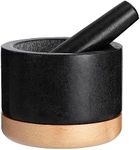 Polished Granite Mortar and Pestle Set, Stone Grinder Bowl for Grinding Herbs Spices, Making Guacamo, Salsa, Pepper and Nuts Crusher (Granite, with Wood Base)