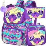 3PCS Girls Dog Bookbag, Kids Sequin Backpack with Lunch Box, 15" Preschool School Bag for Kids Elementary Toddler Students - Purple