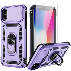 Weycolor for iPhone X Case, iPhone Xs Case with Camera Lens Cover, HD Screen Protector, 10 FT Military Grade Drop Protection, Magnetic Ring Holder Kickstand Phone Case for iPhone X/Xs (Lavender)