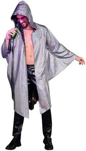 Rave Outfits For Men Metallic Hooded Kimino Festival Cape Bachelor Party Clothing For Men Loose Casual Irregular Hem 70s Disco Costume Mens Birthday Dance Hip Hop Adults Cloak Robes Silver L-XL