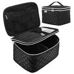 Large Capacity Travel Makeup Bag: Portable Cosmetic Bags for Women Open Flat Make up Pouch with Handle & Divider Makeup Bag Organizer Pu Leather Waterproof Toiletry Bag, Black - Double Layer, Large