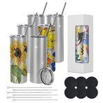 BetterSub 6 Packs 20oz Sublimation Blanks Glitter Tumblers Silver Skinny Straight Tumbler Double Wall Stainless Steel Insulated Tumblers with Lid, Straw, Metal Straw, Brush, Brush, Display Box