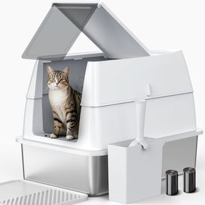 FURTIME Cat Litter Box High Sided Stainless Steel Litter Tray with Lid, 60cm Enclosed Metal Extra Large Litter Tray for Big Cat, Enclosed and Open Type Dual-Use, 60x40x45cm