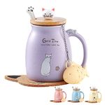 Cat Mug Cute Ceramic Coffee Cup with Lovely Kitty lid Stainless Steel Spoon,Novelty Morning Cup Tea Milk Cat Coffee Mug Coffee Gifts Christmas Birthday Gifts For Women Gifts Purple Cat Lovers Presents