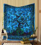 THE ART BOX Tapestry Turquoise Tree of Life Wall Hanging Psychedelic Indian Cotton Twin Bedspread Picnic Sheet Wall Decor Tapestries Wall Art Hippie Bedroom Décor (Medium, 60x54 Inch)