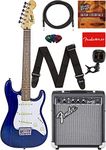 Fender Squier Short Scale 24-Inch Strat Pack - Transparent Blue Bundle with Frontman 10G Amp, Cable, Tuner, Strap, Picks, Fender Play Online Lessons, and Austin Bazaar Instructional DVD