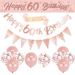 14 Pieces 60th Happy Birthday Decorations,Rose Gold 60th Birthday Party Supplies Including Happy 60th Birthday Banners Birthday Straps Triangle Flag Bunting Confetti Latex Balloons (60th Birthday)