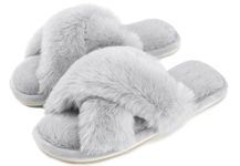 Cozyfurry Womens Cross Band Slippers Cozy Furry Fuzzy House Slippers Open Toe Fluffy Indoor Shoes Outdoor Slip on Warm Breathable Anti-skid Sole, Grey, 9-10