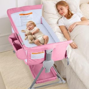 BIERUM Baby Bassinet, Bedside Sleeper for Baby, 7 Height Adjustable Bedside Bassinet with Wheels, Easy to Assemble Portable Bedside Crib with Large Storage Bag for Newborn/Infant, Mattress Included