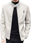 Womleys Mens Casual Stand Collar Slim Fit Faux Leather Jacket Biker Motorcycle Jacket, Ivory, Large