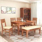 SONA ART & CRAFTS Solid Sheesham Wood & Jute Fabric 6 Seater Dining Set with 4 Chairs & 1 Bench Dinner Table for Dining and Living Room Furniture (Finish Color -Honey Finish)