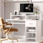 soges 39.4 inches Computer Desk with Drawer and Shelves, Home Office Desk with Keyboard Tray, Desk Perfect for Small Space, 10CXWLST-100SR-WH-CA