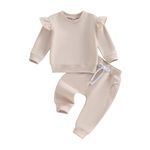 Fall Baby Girl Clothes Ruffle Sleeve Sweatshirt Top Solid Casual Pants 2Pcs Toddler Girl Sweatsuit Winter Clothing, A Beige, 18-24 Months