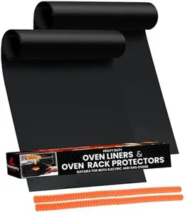 Oven Liners for Bottom of Oven Black (2-pack) Bundled with Rack Shield (2-pack) - Large Mat for Bottom of Range (17"x 25") and 22" Orange Stove Guards for Racks - Reusable & Heat Resistant