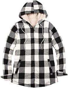 ZENTHACE Plaid Flannel Shacket Women Fleece Lined Flannel Shirt Jacket Womens Flannel Jacket with Hood Fall Coat Black Beige L
