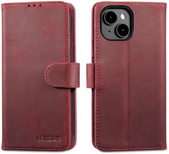 LENSUN Leather Case for iPhone 15, Genuine Leather Case [Magnetic Closure] [RFID Protection] [Genuine Leather] Mobile Phone Case Compatible with iPhone 15 5G - Retro Red