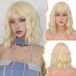 BARSDAR Short Wavy Bob Wig With Bangs - 14 Inch Short Platinum Blonde Wig With Bangs for Women Wavy - Synthetic Shoulder Length Wigs Free Wig Cap Daily Party Halloween- Platinum Blonde