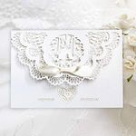 Benbilry Wedding Invitations Cards, 20x Elegant White Laser Cut Wedding Invitations Cards with Hollow Flora Favors,Printable Cardstock and Bow Silk Ribbon for Engagement Wedding Marriage Bridal Shower