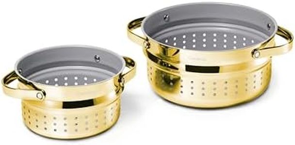 Caraway Small & Large Steamer Set – Made with Handles - Non Stick, Non Toxic Coating - Steam Veggies, Seafood, and More - Compatible With Our Dutch Oven or Sauce Pan – 3qt & 6.5qt - Gold