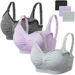 Angelhood Womens Seamless Sleep Nursing Bra,Breastfeeding Maternity Bra with Remove Bra Pads Extenders Pack of 3, Black/Purple/Grey, L (Fit 36DD 38A 38B 38C 38D 40A 40B)