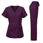 Dagacci Medical Uniform Women's Scrubs Set Stretch Ultra Soft Contrast Pocket, Eggplant, Medium