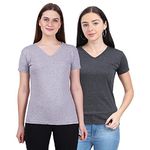 FLEXIMAA Women's Cotton Plain V Neck Half Sleeve Grey Melange & Charcoal Melange Color T-Shirt L Size - (Pack of 2)