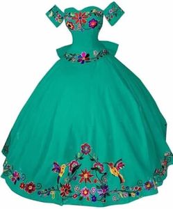 Ball Gowns Gloves Damas Y2K Formal Prom Evening Dresses Off The Shoulder Floral Embroidered Lace up Back Floor Length Cocktail Graduation Dress Aqua Blue 16