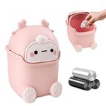 QLFJ-FurDec Small Wastebasket Bin with Lid, Cute Mini Office Bins and 3 Rolls Bin Liners, Cartoon Desk Dustbin 15.5 * 14 * 23.5cm for Home,Vanity Tabletop, Bedroom (Pink)