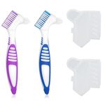 2 Pack Denture Brushes with Covers, Denture Cleaning Brushes Double Sided Denture Toothbrush, Rubber Anti-Slip Handle, Denture Care False Teeth Cleaner Tool (Purple&Blue)