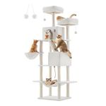 Feandrea Cat Tree, 81.1-Inch Large Cat Tower with 13 Scratching Posts, 2 Perches, 2 Caves, Basket, Hammock, Pompoms, Multi-Level Plush Cat Condo for Indoor Cats, Cream White UPCT190T01