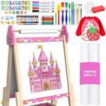 MekyrCreo Art Easel for Kids Easel for Toddlers,Adjustable Standing Wooden Toddler Easels White Board & Chalkboard for Kids,Paint Art Easel for Kids 2-4 4-8 9-12 Painting Easels Birthday Gift (Pink)