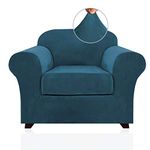 Real Velvet Stretch Chair Covers 2 Piece Armchair Cover Slipcovers - Include Base Cover and Cushion Cover - Sofa Covers Couch Covers 1 Seater Chair Slip Cover, Feature Thick Soft Velour, Deep Teal