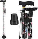 Walking Cane ATMTV Cane for Woman | Mobility & Daily Living Aids | 5-Level Height Adjustable Walking Stick | Comfortable Plastic T-Handle Portable Folding Cane with Replace Tip Black Print