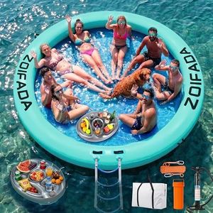 Inflatable Water Hammock Round Floating Ring, 12FT Heavy Duty Pool Float for Adults, Inflatable Tanning Pool Float Island Dock for Lake/River/Ocean, w/Cup Holder & 4-Step Soft Ladder