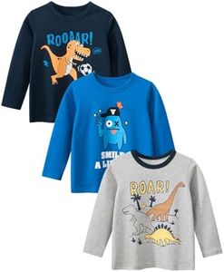 Toddler Boys 3 Pack Long Sleeve Cotton Shirts Kids Dinosaur Raglan Fall T-Shirts Sweatshirt Tee Sets, Blue+ Grey+ Navy Blue,6-7 Years