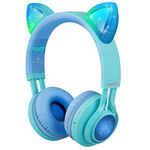 Kids Headphones, Riwbox CT-7S Cat Ear Bluetooth Headphones 85dB Volume Limiting,LED Light Up Kids Wireless Headphones Over Ear with Microphone for iPhone/iPad/Kindle/Laptop/PC/TV(Blue&Green)