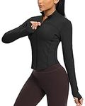 QUEENIEKE Women's Running Jacket Slim Fit Gym Tops Light Long Sleeve Zip Sports Jackets with Thumb Holes Black M