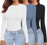 Ekouaer Womens 3 Pack Long Sleeve Shirts Crew Neck Stretch Fitted Underscrubs Trendy Basic Tops Lightweight Thermal Tee Black/White/Dusty Blue S