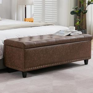 Tbfit Long Ottoman with Storage, 50.8" Faux Leather End of Bed Bench with Safety Hinge&Rivets, Entryway Benches Large Storage Ottoman Bench for Bedroom, Living Room, Holds up to 660 lb(Brown)