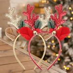 Thinp 2 Pieces Christmas Headbands, Glitter Christmas Headbands for women Antler Headband with Bell Christmas Hats Holiday Decorations for Christmas Party Xmas Dinner and Photos Booth (Gold, Red)