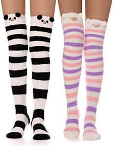 MOGGEI Womens Thigh High Fuzzy Socks Over Knee High Striped Stocking Stuffers Fluffy Cozy Slipper Fleece Gift Socks 2 Pairs (Black & Purple Striped)