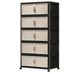 House of Quirk Multi-Tier Foldable Storage Box with Wheels | Durable Plastic Wardrobe Organizer for Clothes, Bags, Toys & Living Room Storage (Black/Beige, 5 Layer, 62cm)