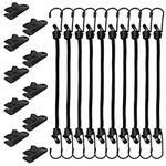 VASHLY 20 pcs Heavy Duty Bungee Cords with Hooks and Tarp Clamps Clip Heavy Duty Lock Grip, 8mm Rubber Elastic Bungee Shock Cords Straps Rope Durable for Bike,Tie Downs, Camping,Trucks