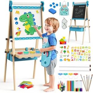 BlueWood Easel for Kids, Drawing Double Sided 4-in-1 Painting Art Stand, Adjustable Wooden Easel Set Toddlers, Magnetic Whiteboard & Chalkboard with Paper Rolls for 3-8 Child, Blue
